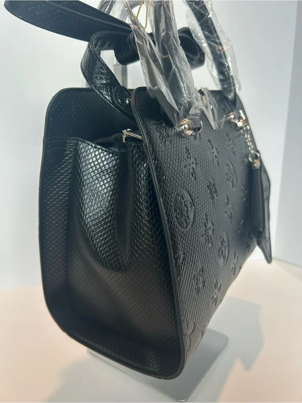 Crossi Like Dreams Elegant Black Embossed Satchel with Detachable Pouch